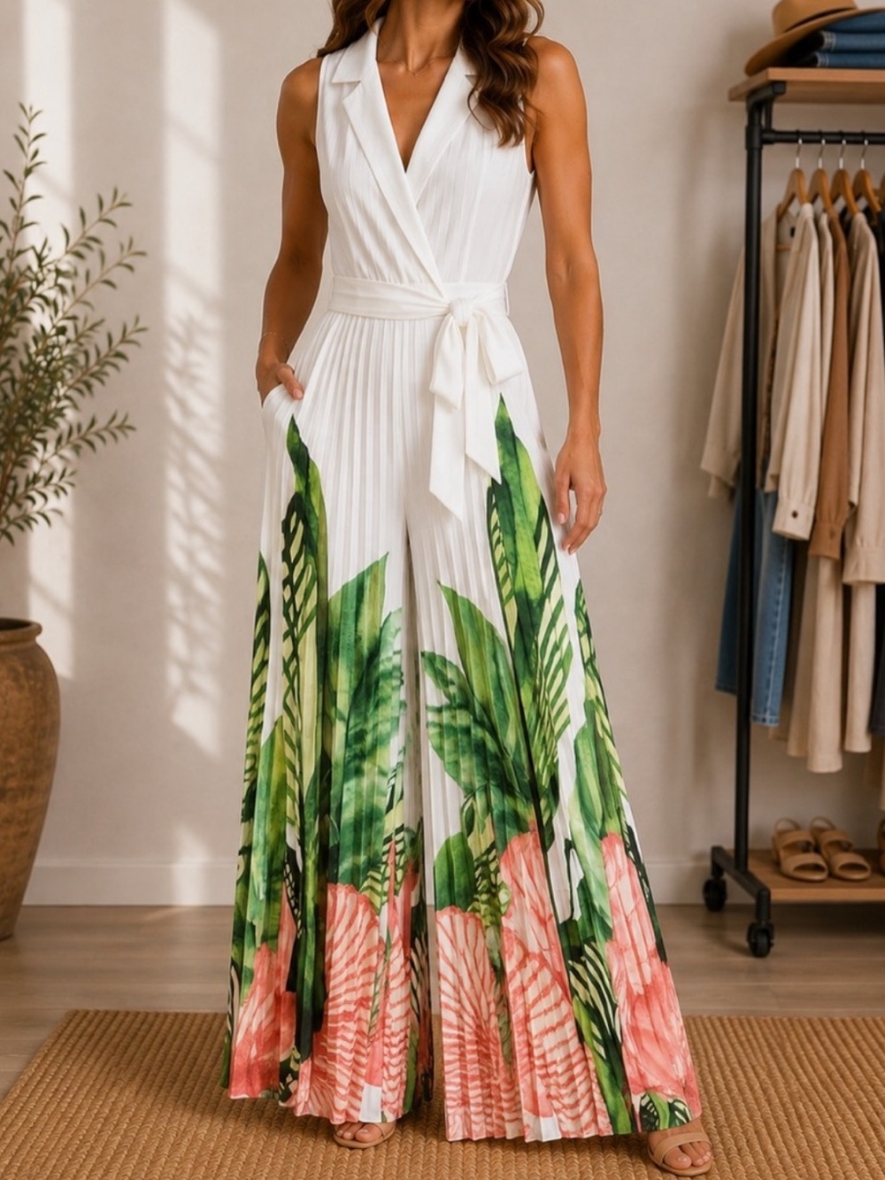 Sleeveless White Tropical-Print Jumpsuit with Tie Waist